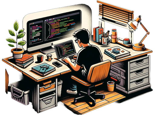 A drawing representing a man working on a computer