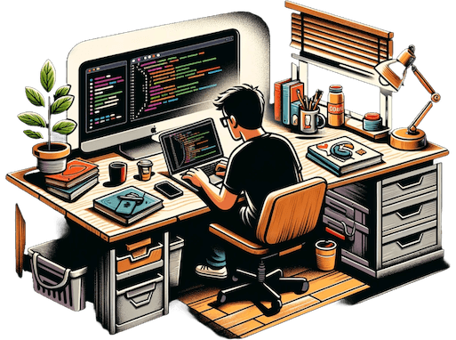 A drawing representing a man working on a computer